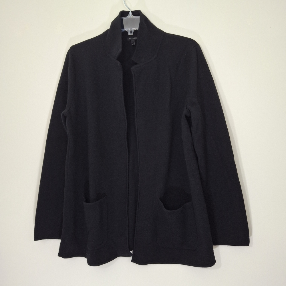 Talbots Elegant Black Open-Front Wool Cardigan Sweater with Pockets, Size Large